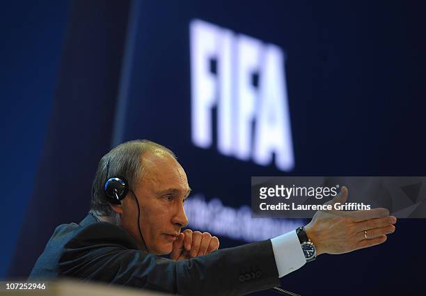 Russian Prime Minister Vladimir Putin speaks to the media after winning the 2018 bid during the FIFA World Cup 2018 & 2022 Host Countries...