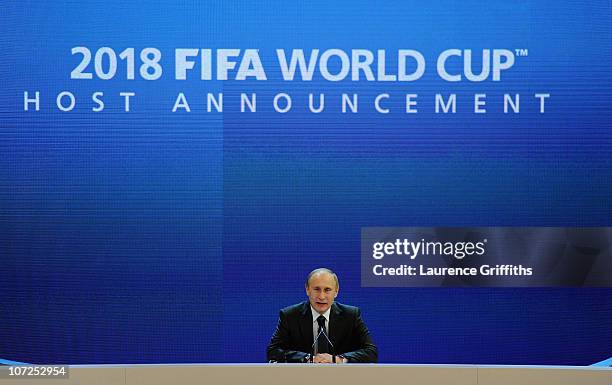 Russian Prime Minister Vladimir Putin speaks to the media after winning the 2018 bid during the FIFA World Cup 2018 & 2022 Host Countries...