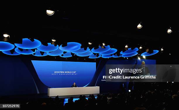 Prime Minister of the Russian Federation Vladimir Putin speaks to the media after winning the 2018 bid during the FIFA World Cup 2018 & 2022 Host...