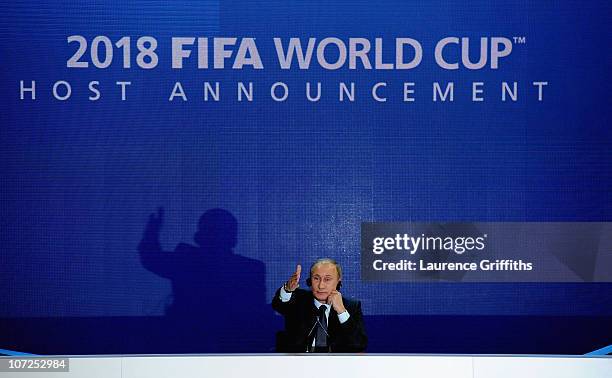 Prime Minister of the Russian Federation Vladimir Putin speaks to the media after winning the 2018 bid during the FIFA World Cup 2018 & 2022 Host...