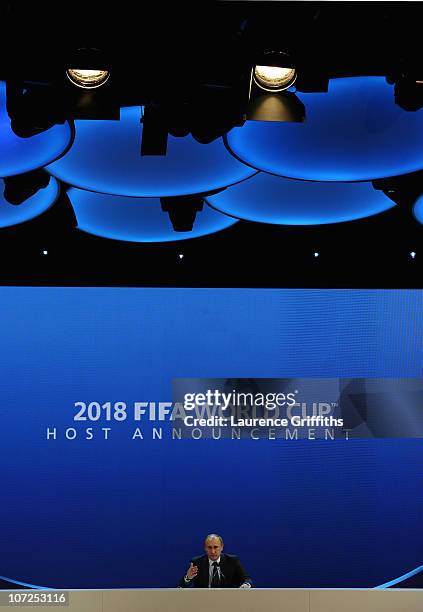 President of the Russian Federation Vladimir Putin speaks to the media after winning the 2018 bid during the FIFA World Cup 2018 & 2022 Host...