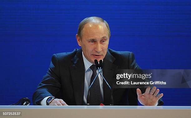 President of the Russian Federation Vladimir Putin speaks to the media after winning the 2018 bid during the FIFA World Cup 2018 & 2022 Host...