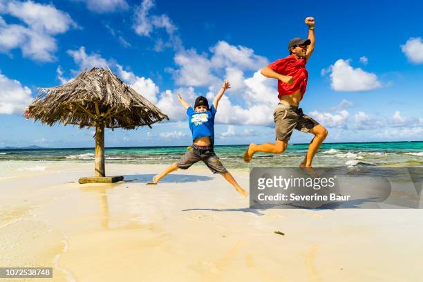 a son and his dad are jumping on the morpion's island beach with a straw hut, st-vincent, saint vincent and the grenadines, lesser antilles, west indies, windward islands, caribbean, central america - morpion stock-fotos und bilder