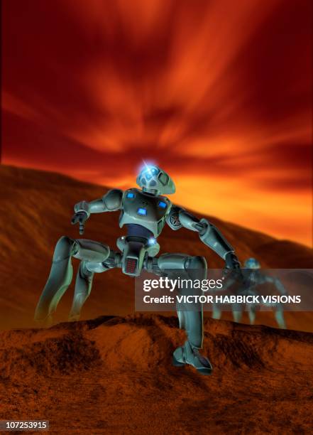 robots on mars, artwork - mars exploration stock illustrations