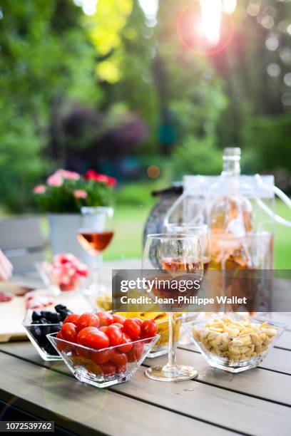 holiday summer brunch party table outdoor in house backyard with appetizer, glass of rose wine, fresh drink and organic vegetables. - table aperitif stock pictures, royalty-free photos & images