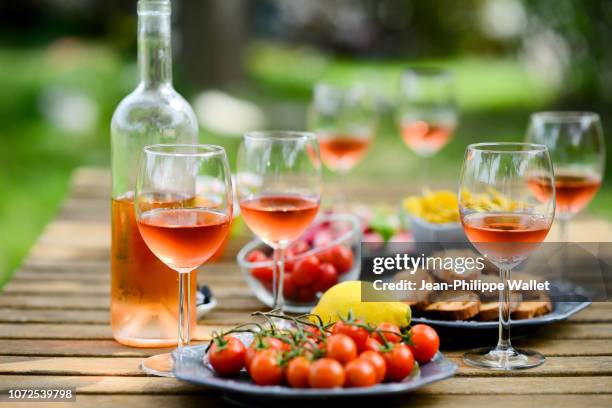 holiday summer brunch party table outdoor in house backyard with appetizer, glass of rose wine, fresh drink and organic vegetables. - roses stockfoto's en -beelden