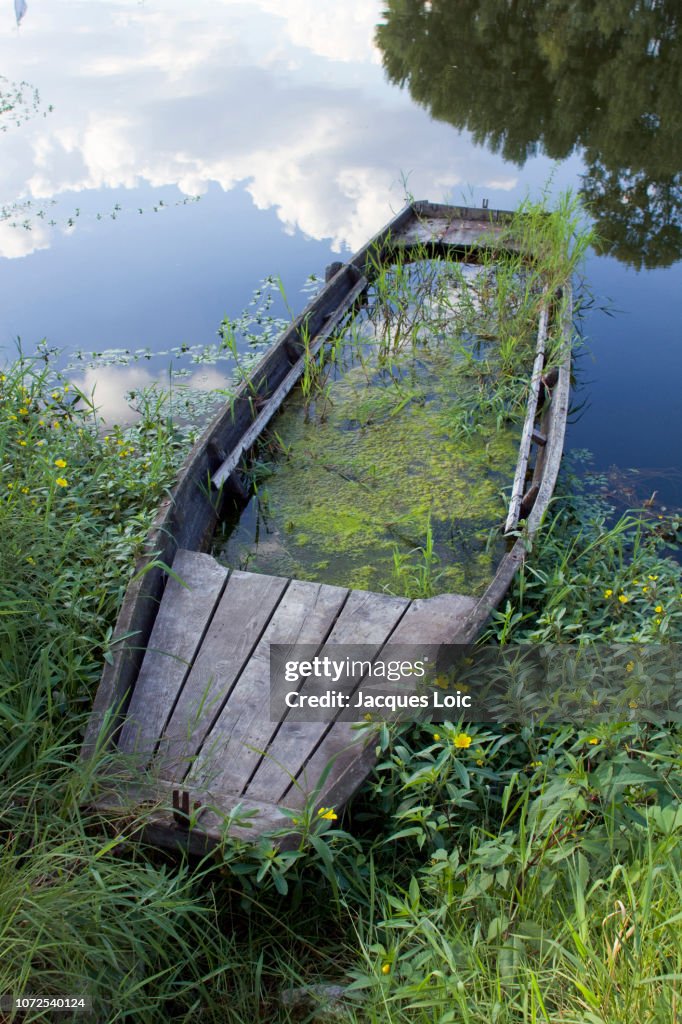 France, Tours, the Loire, old boat full of water.