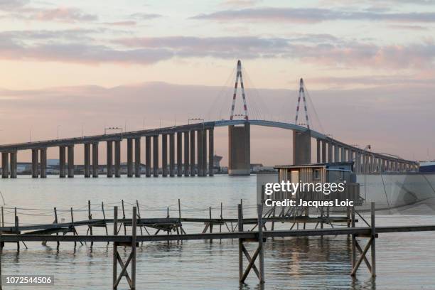 france, mouth of the loire, saint-nazaire bridge and fisheries. - loire atlantique stock pictures, royalty-free photos & images