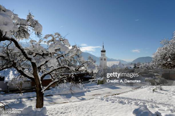 austria, tirol, seefeld, a tree covered by snow in the foreground of the wildermiemming village - seefeld photos et images de collection