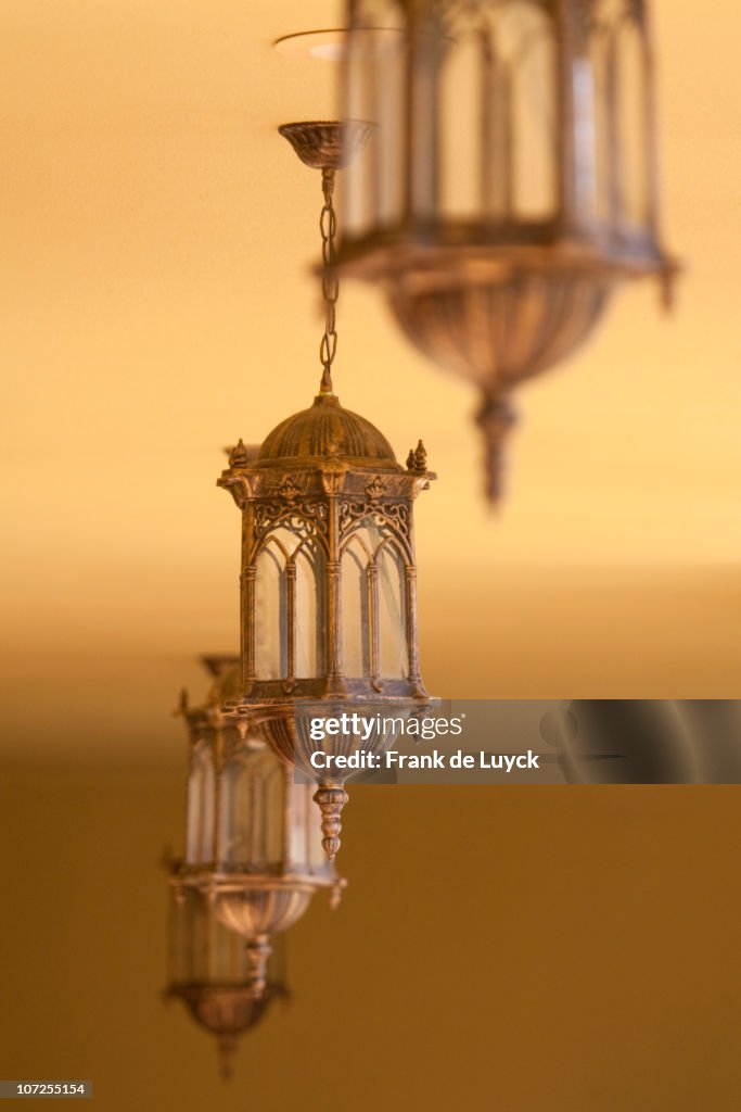 Arabic lanterns at hotel ceiling, Fujairah, United Arab Emirates