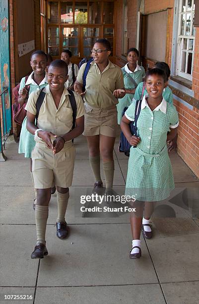 group of schoolchildren walk together, kwazulu natal province, south africa - zulu girls 個照片及圖片檔