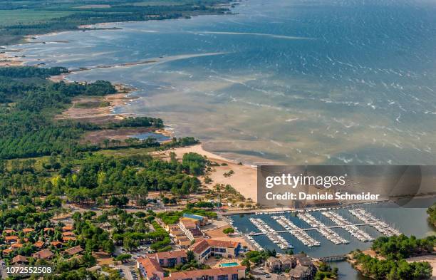 france, gironde, medoc bleu (campsite), aerial view of the marina of hourtin lake - medoc stock pictures, royalty-free photos & images