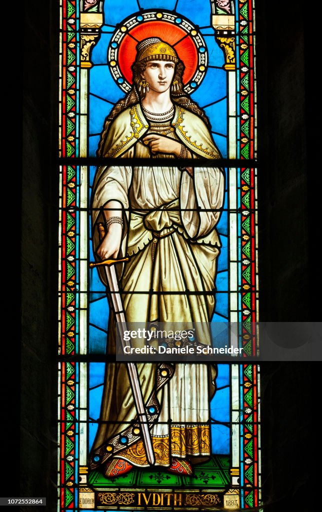 France, Gironde, Bordeaux, Bastide neighborhood, stained glass window of Saint Mary church (19th century), Judith