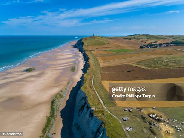 france, hauts de france, pas de calais, aerial pic. blanc-nez cape - cap blanc nez stock pictures, royalty-free photos & images