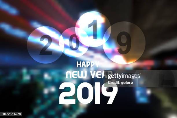 vibrant new year 2019 badge on blurred background - hello world stock illustrations
