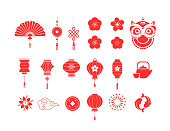 Chinese New Year red symbols and icons collection