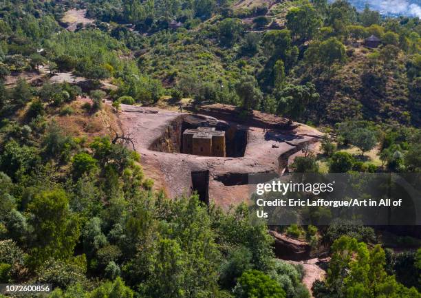 Aerial view of the monolithic rock-cut church of bete giyorgis, Amhara Region, Lalibela, Ethiopia on October 30, 2018 in Lalibela, Ethiopia.