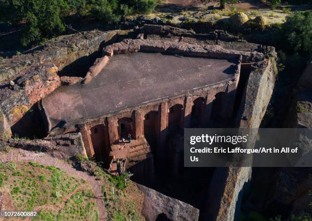 Aerial view of bete gabriel rafael twin church, Amhara Region, Lalibela, Ethiopia on October 30, 2018 in Lalibela, Ethiopia.