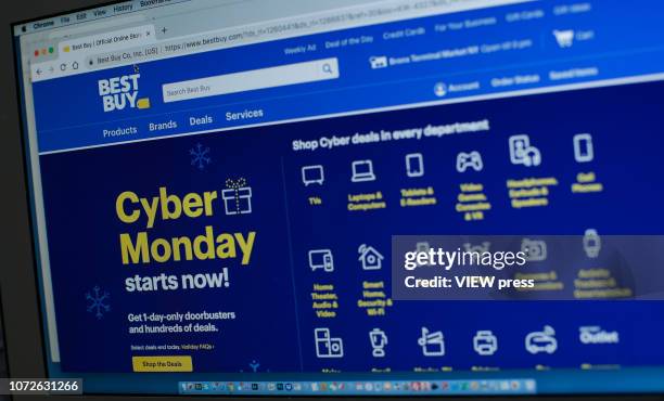 In this photo illustration, Best Buy advertises Cyber Monday sales on its company websites on November 26, 2018 in Guttenberg, New Jersey. Americans...