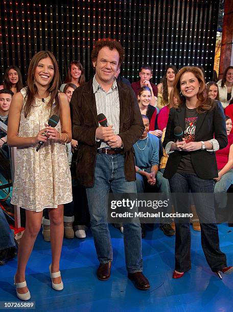 Lyndsey Rodrigues talks with actors John C. Reilly and Jenna Fischer on MTV's "TRL" at MTV Studios in New York City's Times Square on December 17,...