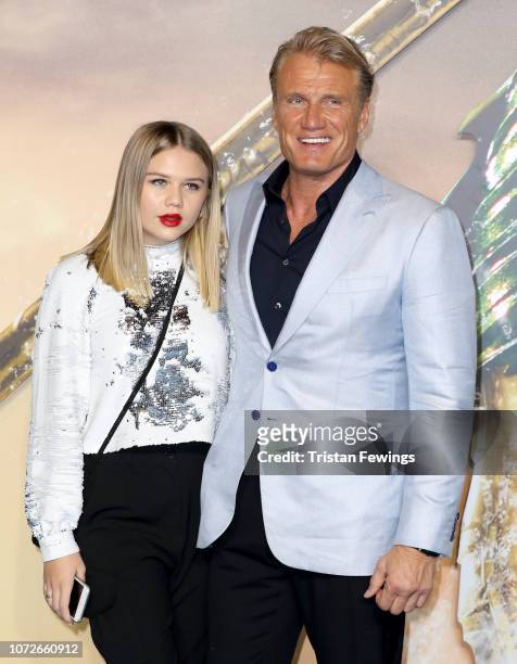 Dolph Lundgren with his daughter Greta Lundgren attend the "Aquaman" world premiere at Cineworld Leicester Square on November 26, 2018 in London,...