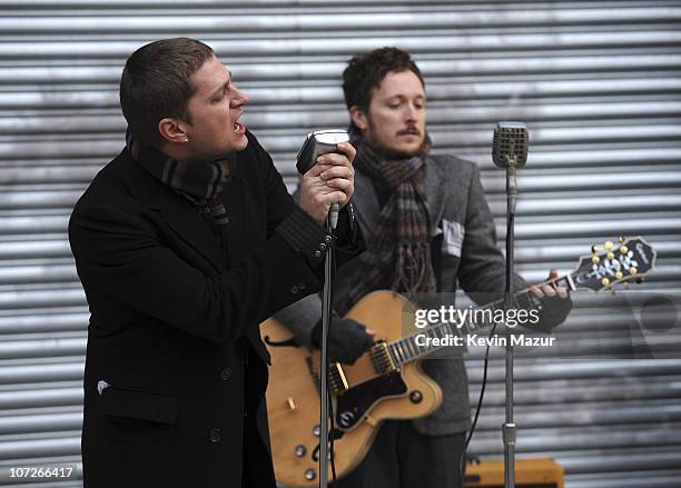 Singer Rob Thomas and guitarist Paul Doucette of Matchbox Twenty on the set of their video shoot for their new single "These Hard Times" on January...