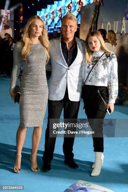 Ida Lundgren, Dolph Lundgren and Greta Lundgren attend the World Premiere of "Aquaman" at Cineworld Leicester Square on November 26, 2018 in London,...