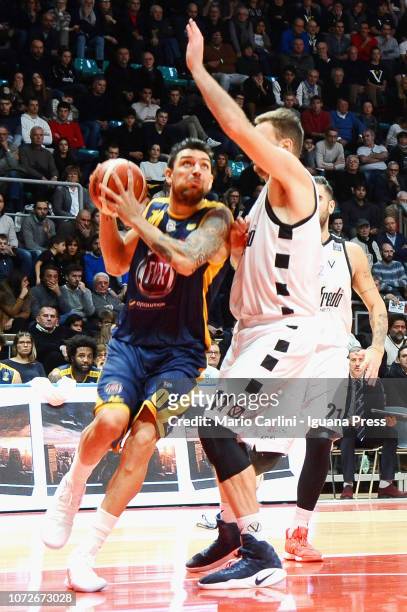 Carlos Delfino of Fiat competes with Brian Qvale of Segafredo during the LBA Legabasket of Serie A1 match between Virtus Segafredo Bologna and...