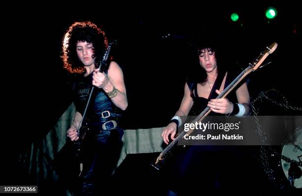 Guitarists Michael Wilton, left, and Eddie Jackson of Queensryche perform at a rock club in Detroit, Michigan, October 19, 1983.