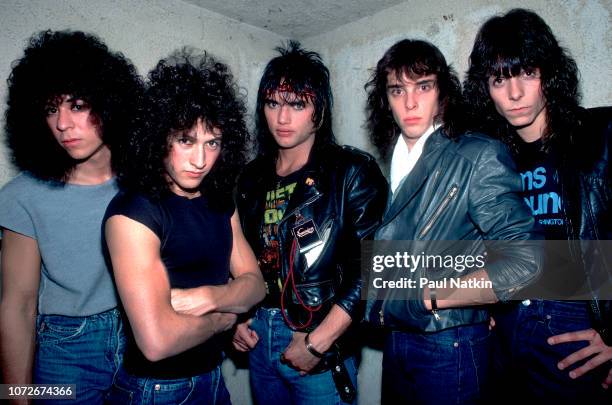 Portrait of the band Queensryche, left to right, Eddie Jackson, Michael Wilton, Geoff Tate, Scott Rockenfield, and Chris Degarmo at a rock club in...