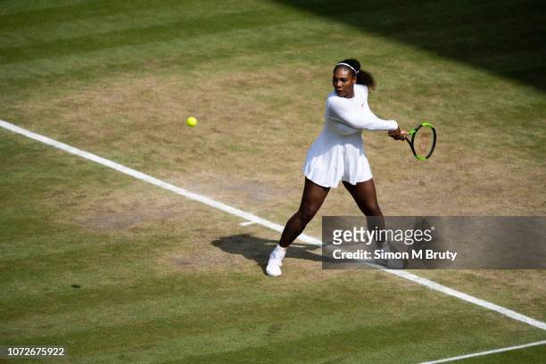 Serena Williams from USA in action against Julia Goerges from Germany during The Wimbledon Lawn Tennis Championship at the All England Lawn Tennis...