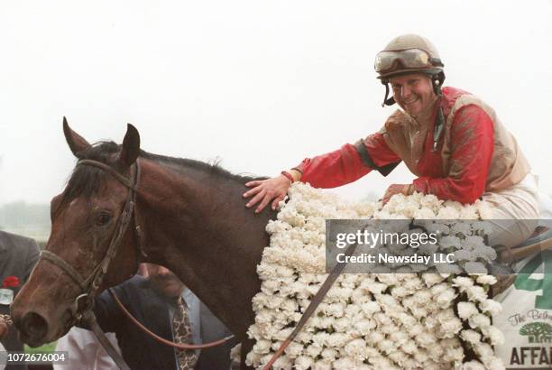 Jockey Julie Krone atop Colonial Affair in the winner's circle after winning the Belmont Stakes, the third leg of the Triple Crown on June 5, 1993....