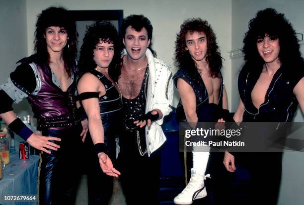 Portrait of the band Queensryche, left to right, Chris Degarmo, Michael Wilton, Geoff Tate, Scott Rockenfield, and Eddie Jackson at the Milwaukee...