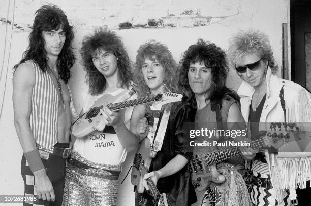 Portrait of the band Racer X at the Limelight in Chicago Illinois, June 27, 1987. Left to right, drummer Scott Travis, singer Paul Gilbert, guitarist...