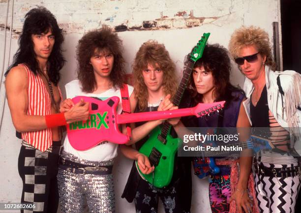 Portrait of the band Racer X at the Limelight in Chicago Illinois, June 27, 1987. Left to right, drummer Scott Travis, singer Paul Gilbert, guitarist...