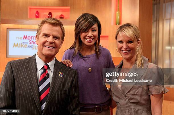 Singer and former "American Idol" contestant Ramiele Malubay poses with hosts Mike Jerrick and Juliet Huddy on the set of "The Morning Show with Mike...