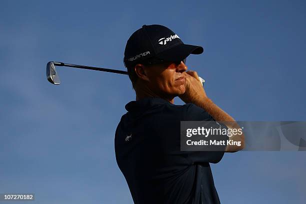 John Senden of Australia plays his tee shot on the 10th hole during day two of the Australia Open at The Lakes Golf Club on December 3, 2010 in...