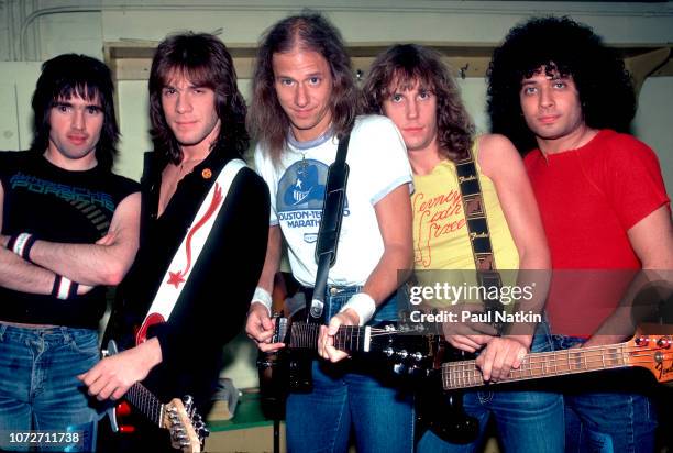 Portrait of the band Riot at the International Ampitheater in Chicago, Illinois, November 27, 1981. Left to right, Sandy Slevin, Rick Ventura, Mark...