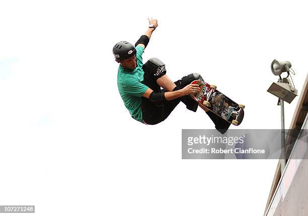 American skateboarder Tony Hawk performs at the Sydney 500 Grand Finale on the Sydney Olympic Park Street Circuit on December 3, 2010 in Sydney,...
