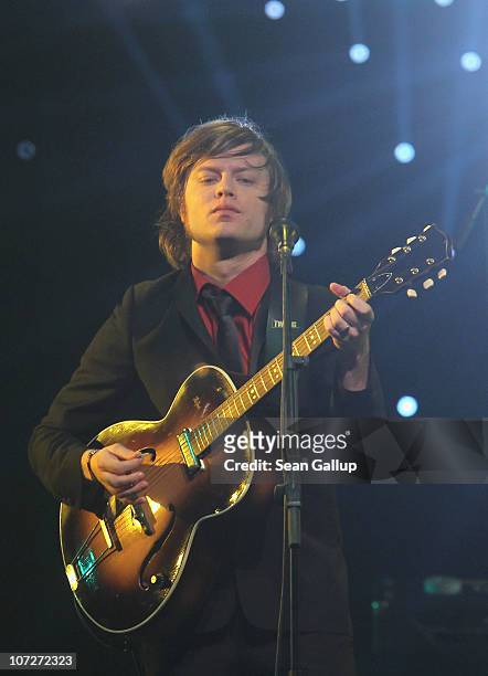 Singer Bjoern Dixgard of the band Mando Diao performs at the '1Live Krone' Music Awards at the Jahrhunderthalle on December 2, 2010 in Bochum,...