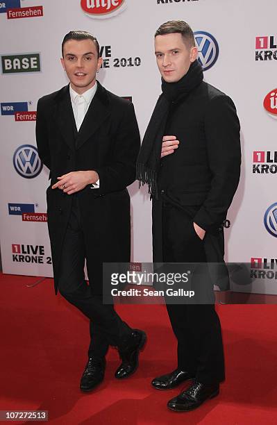 Theo Hutchcraft and Adam Anderson of the band Hurts attend the '1Live Krone' Music Awards at the Jahrhunderthalle on December 2, 2010 in Bochum,...