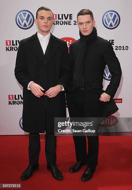 Theo Hutchcraft and Adam Anderson of the band Hurts attend the '1Live Krone' Music Awards at the Jahrhunderthalle on December 2, 2010 in Bochum,...