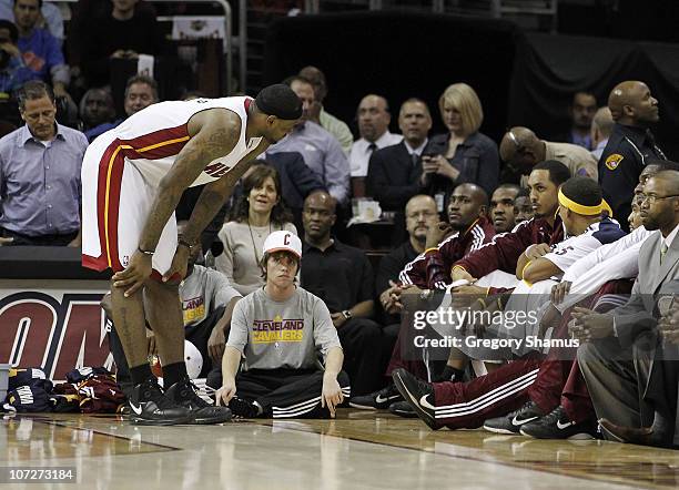 LeBron James of the Miami Heat talks to the Cleveland Cavaliers bench during a game at Quicken Loans Arena on December 2, 2010 in Cleveland, Ohio....