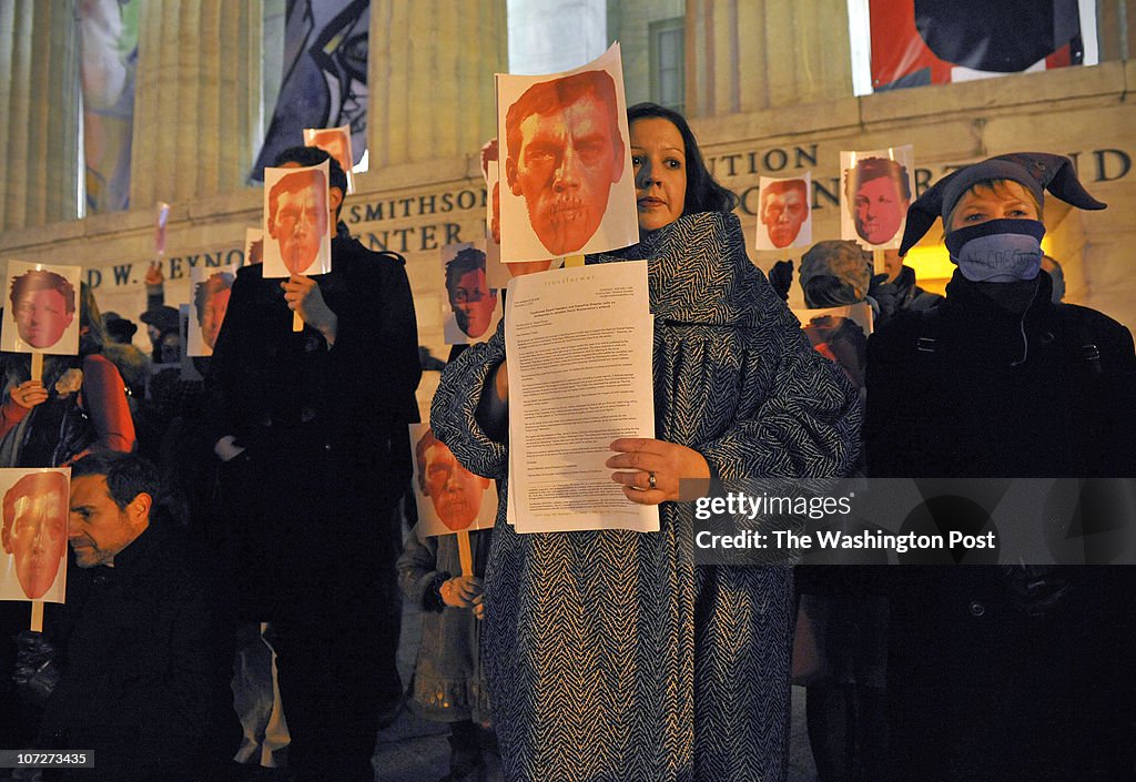 Protestors walk across town to the National Portrait Gallery to protest the censorship of the video by David Wojnarowicz, a gay artist who died from AIDS in 1992, called "Fire in My Belly."