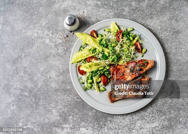 salmon with fresh salad - lunch top view stock pictures, royalty-free photos & images