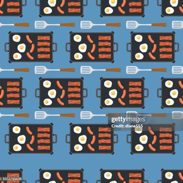 bacon and eggs cooking on a hotplate seamless pattern - bacon background stock illustrations