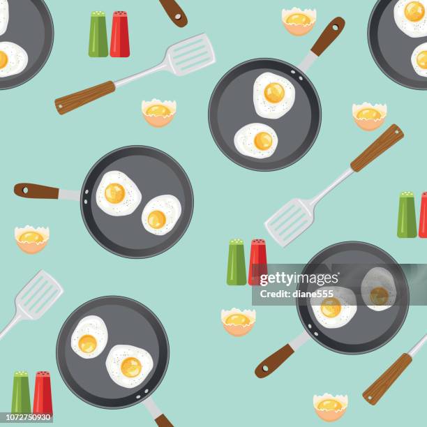 frying pan with eggs breakfast foods seamless pattern - egg shell stock illustrations