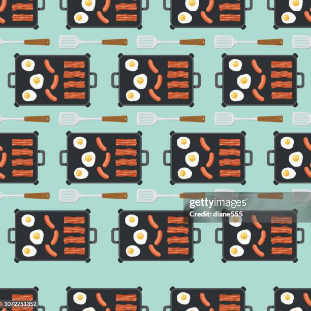 bacon and eggs cooking on a hotplate seamless pattern - bacon background stock illustrations