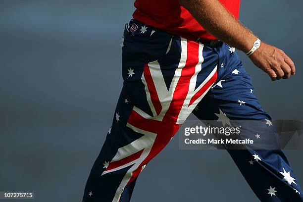 Detail shot of John Daly's Australian flag trousers as he walks the 17th hole during day two of the Australia Open at The Lakes Golf Club on December...