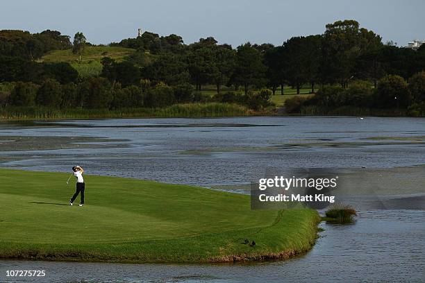 Stuart Appleby of Australia plays a fairway shot on the 17th hole during day two of the Australia Open at The Lakes Golf Club on December 3, 2010 in...